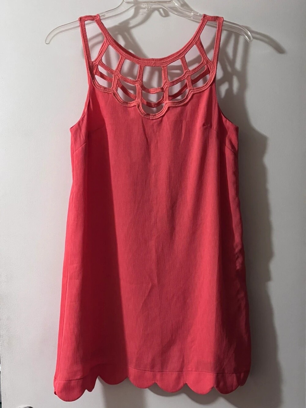 Entro Coral Pink Cage Cut-Out Neck Scalloped Hem Shift Mini Dress - Size S